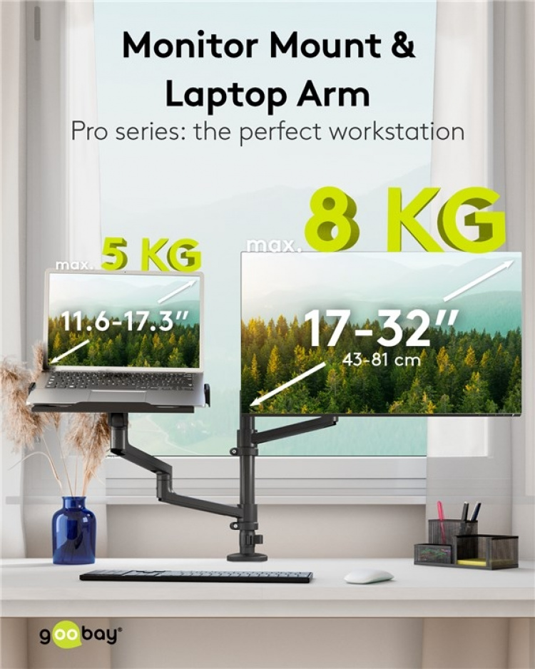 Goobay Deluxe skärmfäste med arm för laptop, svart workstation för bildskärmar från 17 till 32 tum (43 - 81 cm) plus en bärbar dator, bildskärm max. 8 kg/bärbar dator 5 kg Goobay Deluxe skärmfäste med arm för laptop, svart workstation för bildskärmar från 17 till 32 tum (43 - 81 cm) plus en bärbar dator, bildskärm max. 8 kg/bärbar dator 5 kg
