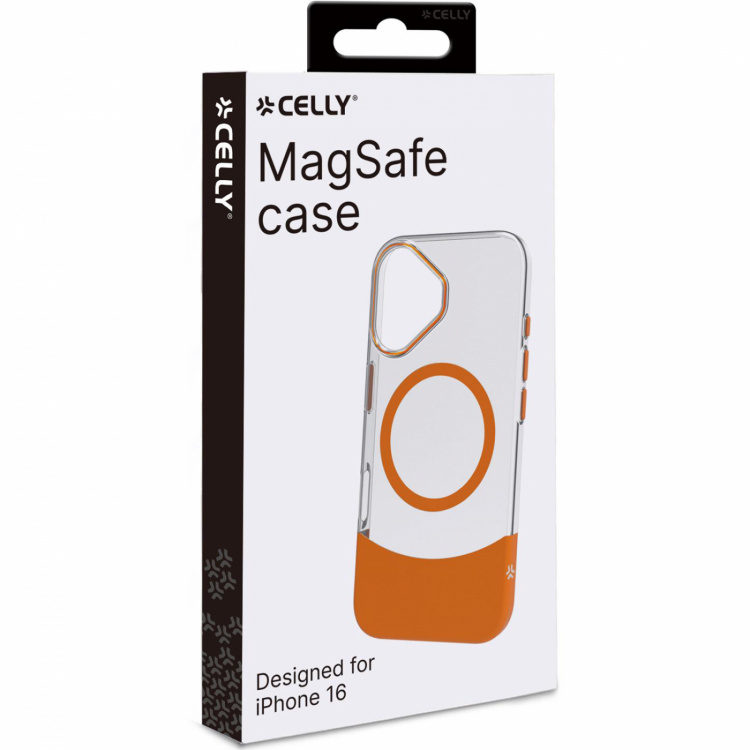 Celly Magdual MagSafe-kompatibelt skal iPhone 16 Orange + Transparent