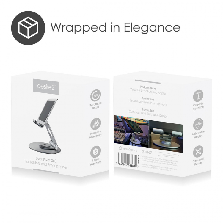 Desire2 Dual Pivot 360 -teline tableteille ja puhelimille, hopea