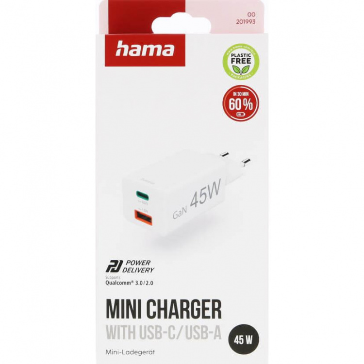 Hama Laturi 1x USB-C 1x USB-A GaN 45W Valkoinen Hama Laturi 1x USB-C 1x USB-A GaN 45W Valkoinen