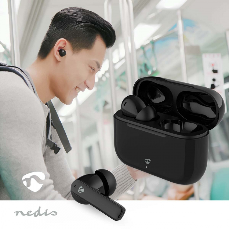 Nedis Täysin langaton Kuulokkeet | ENC (Environmental Noise Cancelling) | Bluetooth® | Suurin akun toistoaika: 24 tuntia | Kosteusohjaus | Latauskotelo | Langaton latausalusta | Sisäänrakennettu mikrofoni | Tuki ääniohjaukselle | Vastamelutoiminto | IPX4 