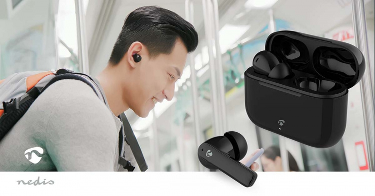 Nedis Täysin langaton Kuulokkeet | ENC (Environmental Noise Cancelling) | Bluetooth® | Suurin akun toistoaika: 24 tuntia | Kosteusohjaus | Latauskotelo | Langaton latausalusta | Sisäänrakennettu mikrofoni | Tuki ääniohjaukselle | Vastamelutoiminto | IPX4 