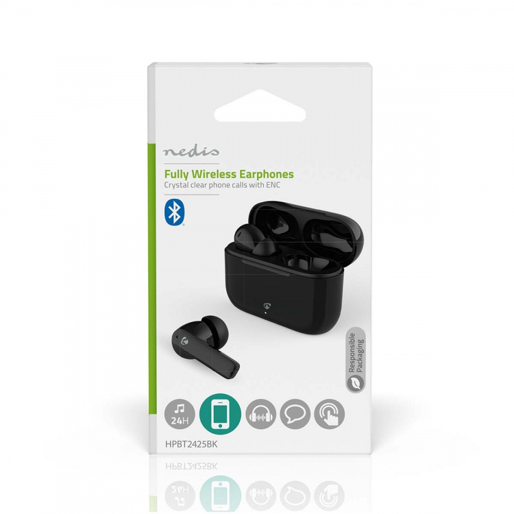 Nedis Täysin langaton Kuulokkeet | ENC (Environmental Noise Cancelling) | Bluetooth® | Suurin akun toistoaika: 24 tuntia | Kosteusohjaus | Latauskotelo | Langaton latausalusta | Sisäänrakennettu mikrofoni | Tuki ääniohjaukselle | Vastamelutoiminto | IPX4 
