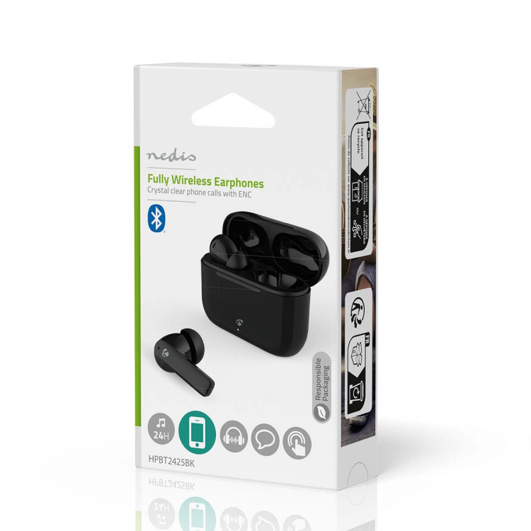 Nedis Täysin langaton Kuulokkeet | ENC (Environmental Noise Cancelling) | Bluetooth® | Suurin akun toistoaika: 24 tuntia | Kosteusohjaus | Latauskotelo | Langaton latausalusta | Sisäänrakennettu mikrofoni | Tuki ääniohjaukselle | Vastamelutoiminto | IPX4 