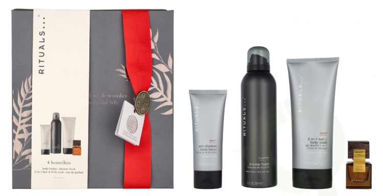 Rituals Homme Medium Set 485 ml Sport Anti-Dryness Body Lotion 70 ml/Sport 2-in-1 Shampoo & Body Wash 200 ml/Travel - L\'Essentiel Eau de Parfum 15 ml/Rituals Homme Shower Foam 200 ml