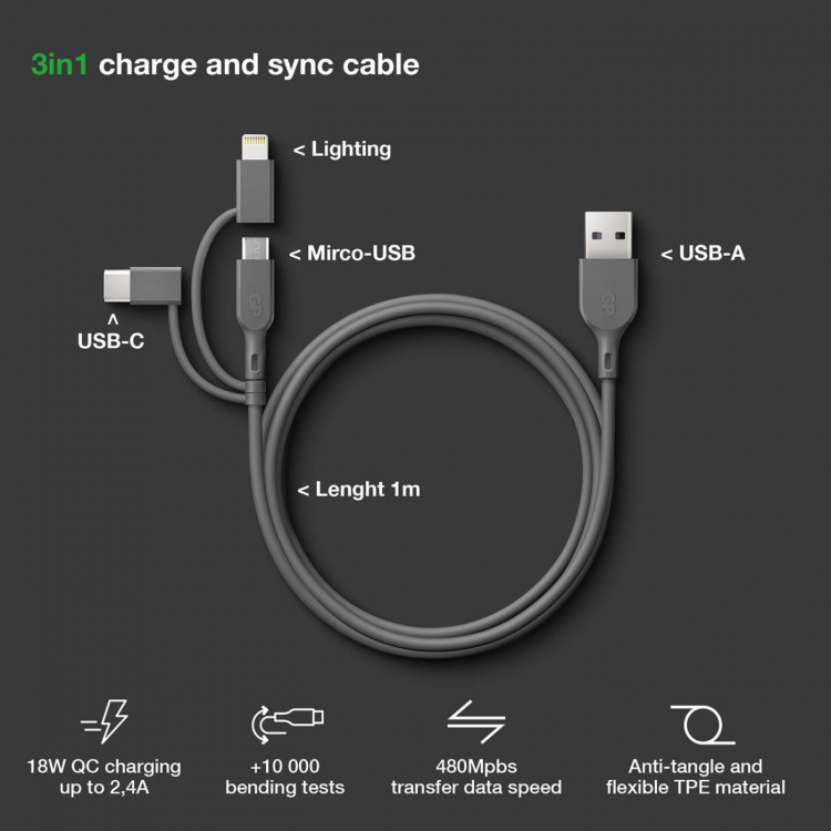 GP Kaapeli USB-A - USB-C 3-I-1 Micro-USB + Lightning CY1N 1m