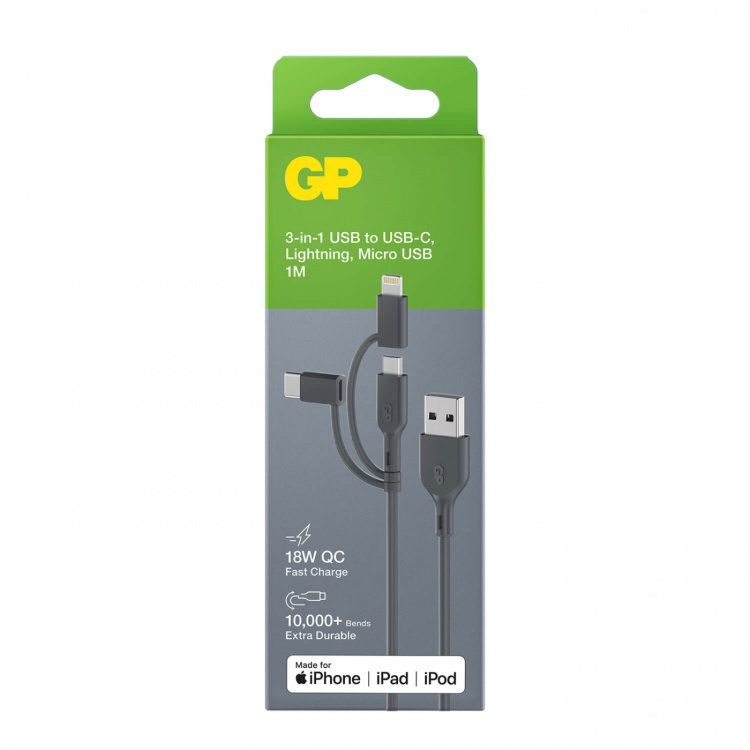 GP Kaapeli USB-A - USB-C 3-I-1 Micro-USB + Lightning CY1N 1m