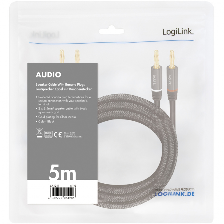 LogiLink Högtalarkabel 2x2,5 mm² med banankontakter Svart 5 meter LogiLink Högtalarkabel 2x2,5 mm² med banankontakter Svart 5 meter