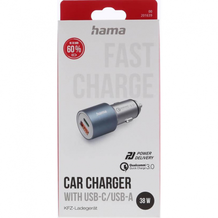 Hama Autolaturi USB-C USB-A PD 38W Metallia