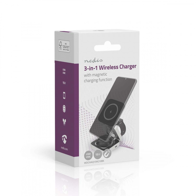 Nedis Langaton laturi | 3-in-1 | 2.5 / 5 / 15 W | LED-merkkivalo käytössä | Sisältää kaapelin | USB-A / USB-C™ | 1.50 m