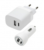 Speedlink Seinä- ja autolaturisarja USB-A & USB-C 15W, valkoinen