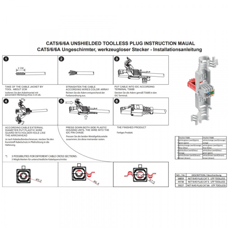 North RJ45 Liitin Cat6 kaapelille 2kpl 8p8c Asennus ilma työkaluja