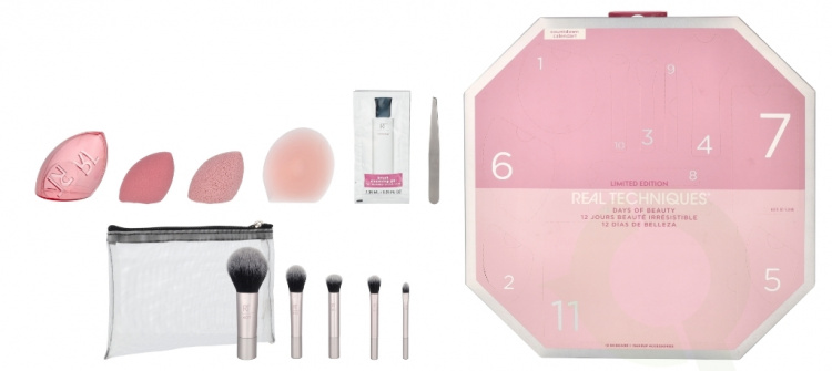 Real Techniques 12 Days Of Glow Advent Calendar 12 piece Cleansing Sponge/Complexion Sponge/Travel Sponge Cage/Mask Applicator/5 Brushes/Brush Cleanser Gel/Tweezers/Pouch