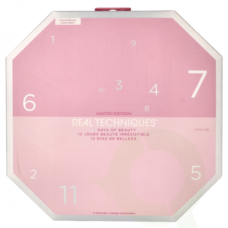 Real Techniques 12 Days Of Glow Advent Calendar 12 piece Cleansing Sponge/Complexion Sponge/Travel Sponge Cage/Mask Applicator/5 Brushes/Brush Cleanser Gel/Tweezers/Pouch