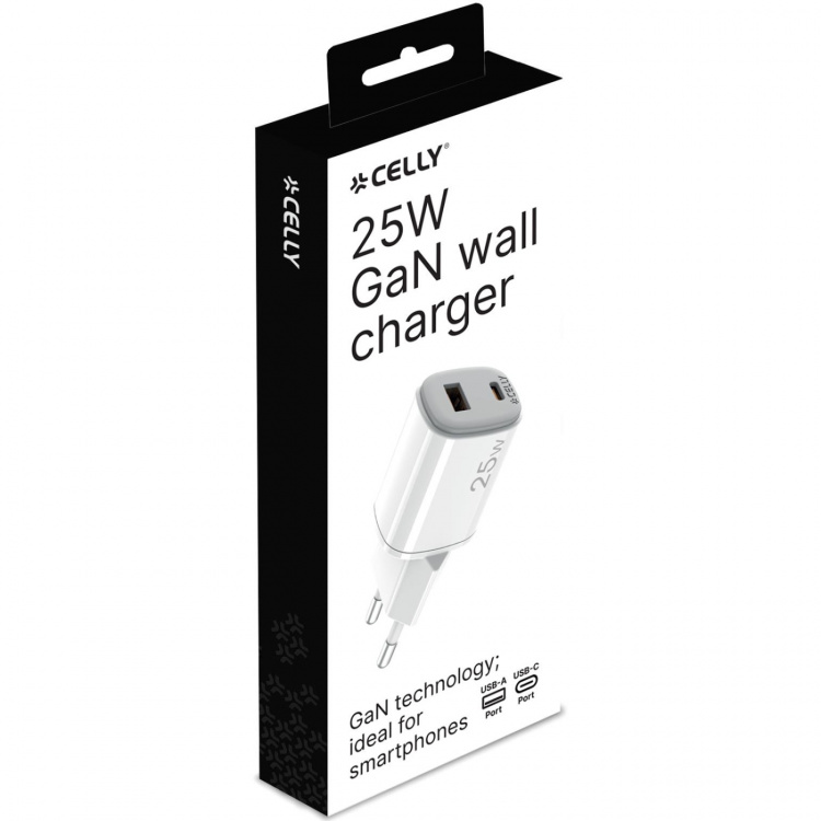 Celly USB-laddare GaN 1 x USB-A + 1 x USB-C PD 25W Celly USB-laddare GaN 1 x USB-A + 1 x USB-C PD 25W
