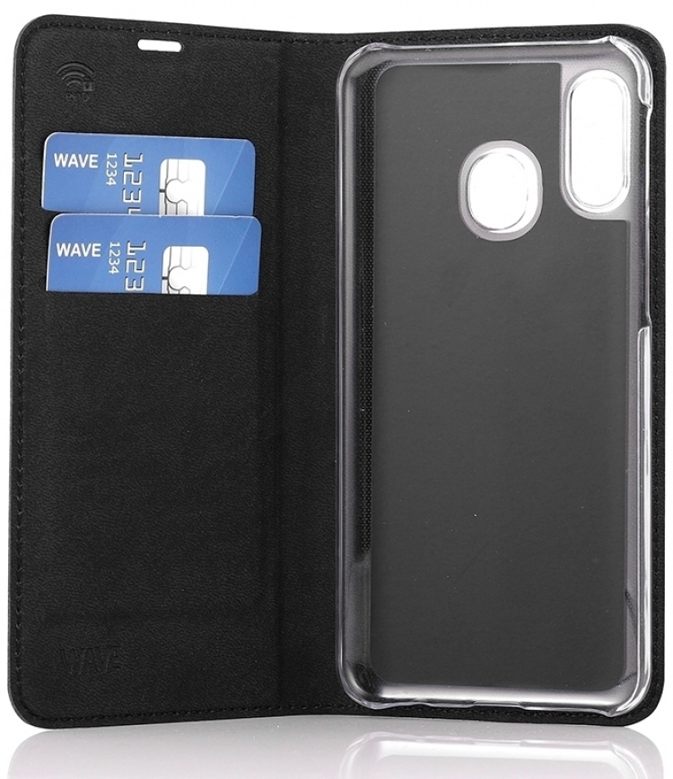 Wave BookCase -suojakotelo, Samsung Galaxy A40, musta