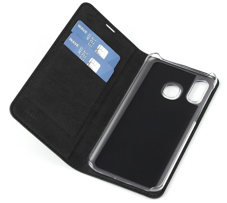 Wave BookCase -suojakotelo, Samsung Galaxy A40, musta