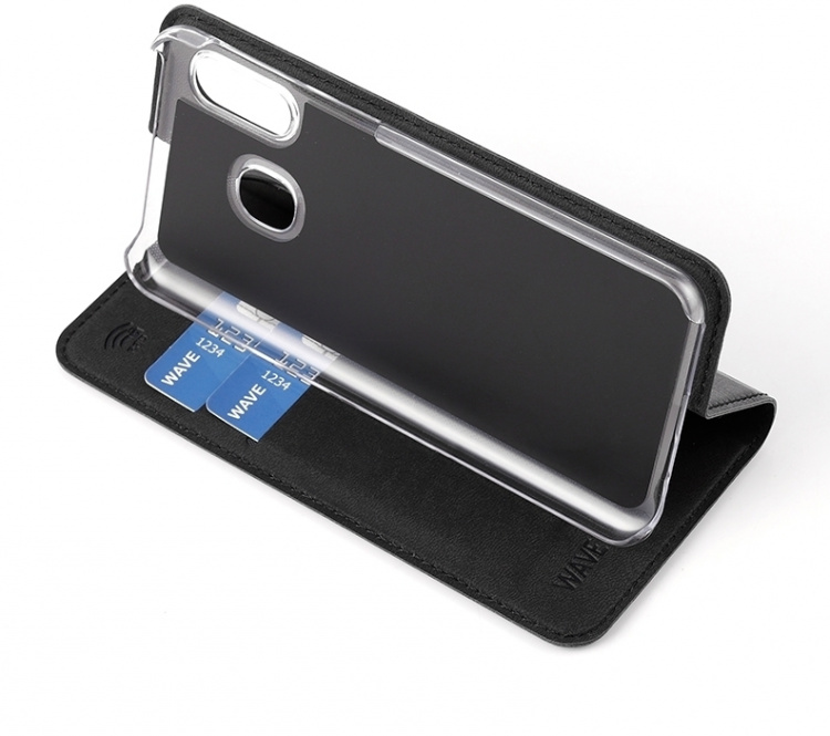 Wave BookCase -suojakotelo, Samsung Galaxy A40, musta