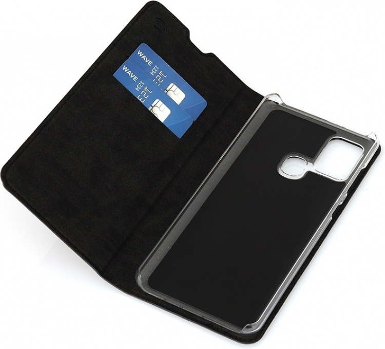 Wave BookCase -suojakotelo, Samsung Galaxy A21s, musta