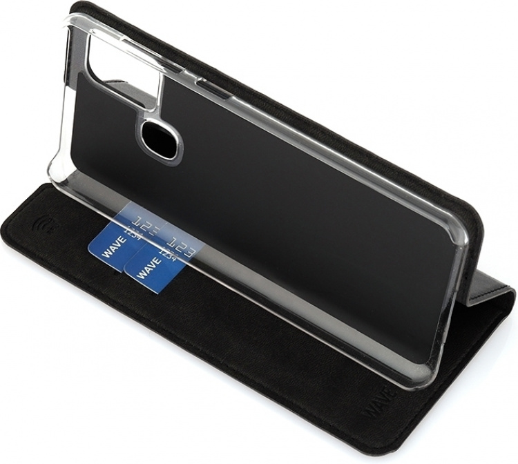 Wave BookCase -suojakotelo, Samsung Galaxy A21s, musta