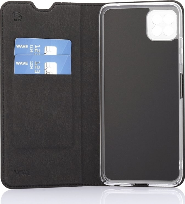 Wave BookCase -suojakotelo, Samsung Galaxy A22 5G, musta