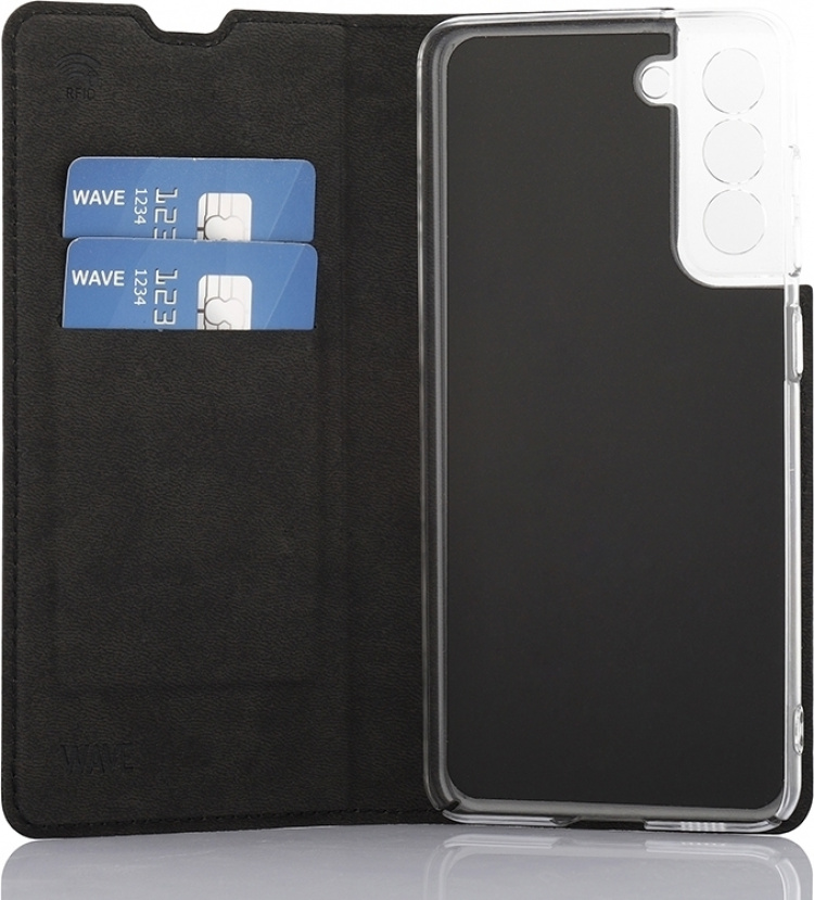 Wave BookCase -suojakotelo, Samsung Galaxy S21 FE 5G, musta Wave BookCase -suojakotelo, Samsung Galaxy S21 FE 5G, musta