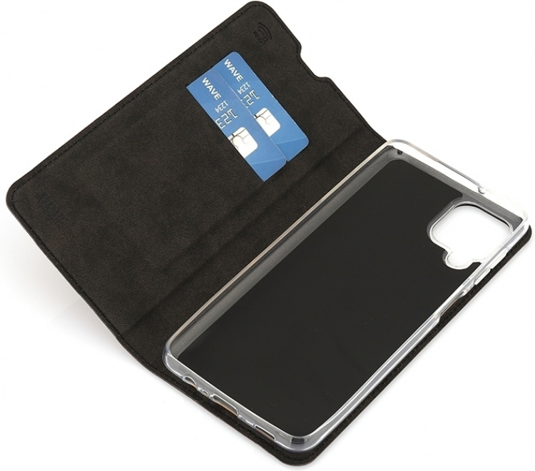 Wave BookCase -suojakotelo, Samsung Galaxy A12, musta