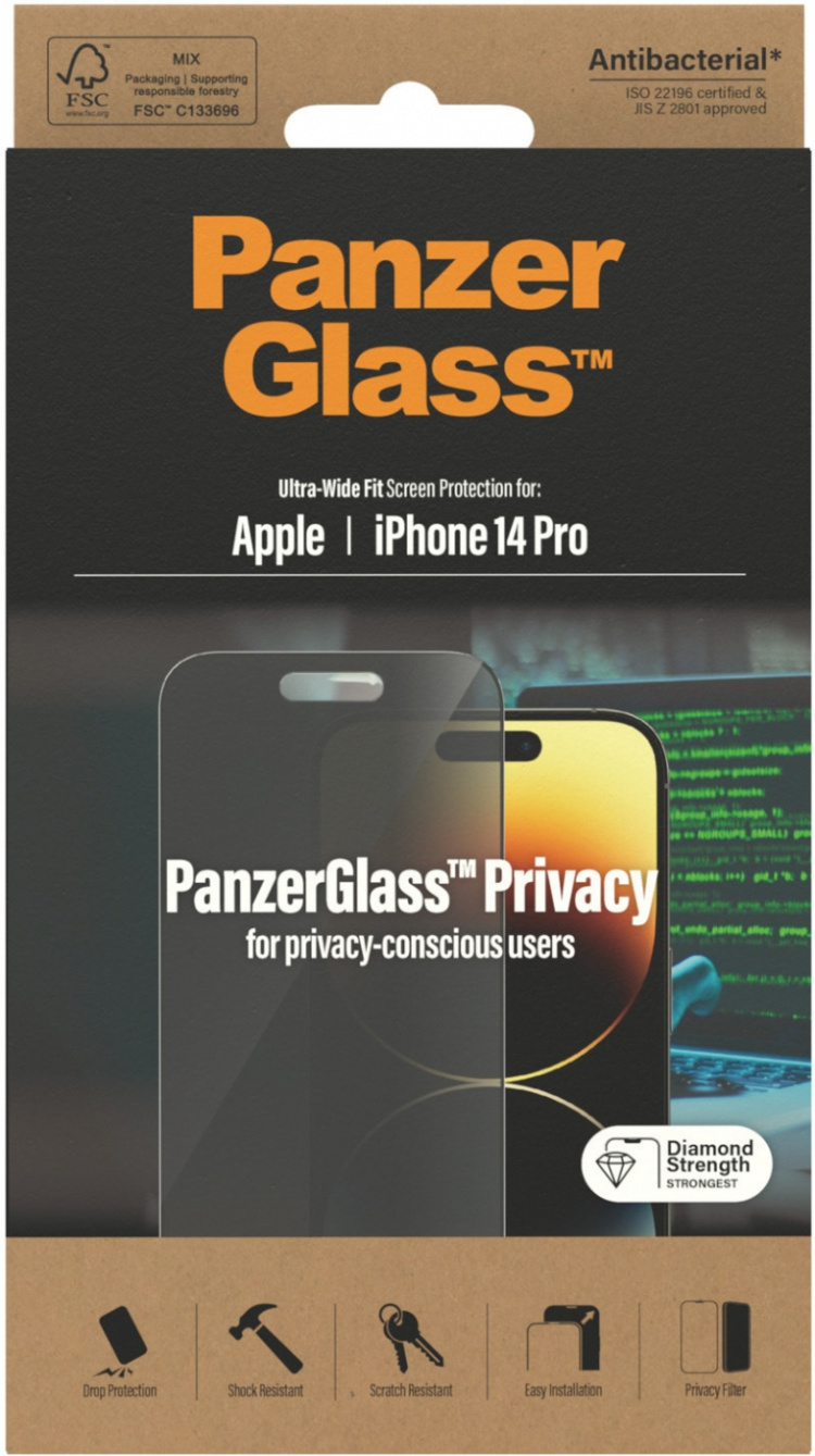 PanzerGlass Ultra Wide Fit Privacy -panssarilasi, iPhone 14 Pro, musta kehys PanzerGlass Ultra Wide Fit Privacy -panssarilasi, iPhone 14 Pro, musta kehys
