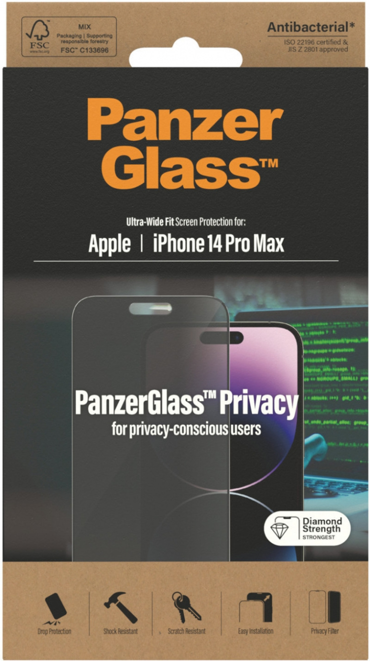 PanzerGlass Ultra Wide Fit Privacy -panssarilasi, iPhone 14 Pro Max, musta kehys PanzerGlass Ultra Wide Fit Privacy -panssarilasi, iPhone 14 Pro Max, musta kehys