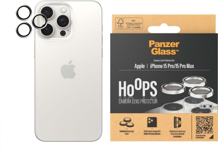 PanzerGlass Hoops -kameran linssinsuoja, iPhone 15 Pro / 15 Pro Max, valkoinen metalli