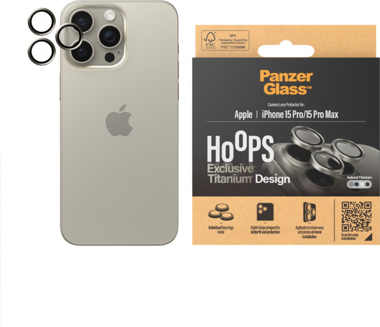 PanzerGlass Hoops -kameran linssinsuoja, iPhone 15 Pro / 15 Pro Max, titaani PanzerGlass Hoops -kameran linssinsuoja, iPhone 15 Pro / 15 Pro Max, titaani