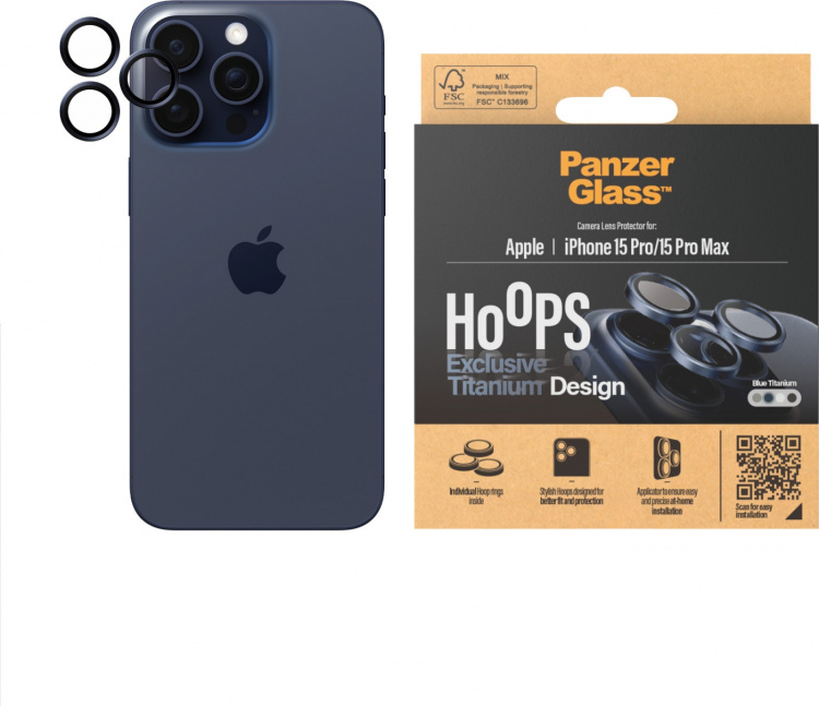 PanzerGlass Hoops -kameran linssinsuoja, iPhone 15 Pro / 15 Pro Max, sininen titaani PanzerGlass Hoops -kameran linssinsuoja, iPhone 15 Pro / 15 Pro Max, sininen titaani