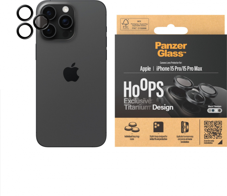 PanzerGlass Hoops -kameran linssinsuoja, iPhone 15 Pro / 15 Pro Max, musta titaani