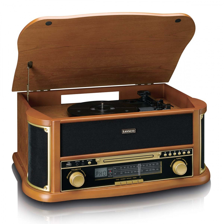 Lenco Puinen retro-levysoitin, jossa on Bluetooth® AM/FM-radio USB-koodaus CD-soitin, kasettisoitin ja sisäänrakennetut kaiuttimet Lenco Puinen retro-levysoitin, jossa on Bluetooth® AM/FM-radio USB-koodaus CD-soitin, kasettisoitin ja sisäänrakennetut kaiuttimet