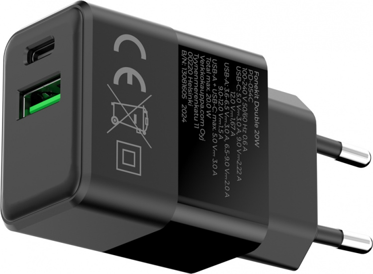 FoneKit Double 20W -laturi, USB-C + USB-A, musta