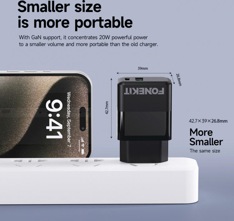 FoneKit Double 20W -laturi, USB-C + USB-A, musta