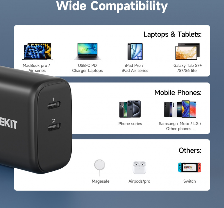 FoneKit GaN PD 65W -verkkovirtalaturi, USB-C + USB-C, musta