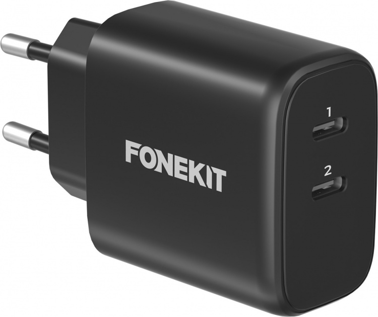 FoneKit GaN PD 65W -verkkovirtalaturi, USB-C + USB-C, musta