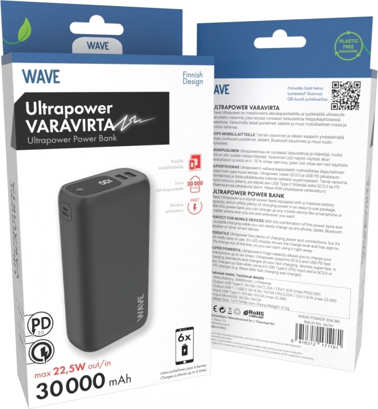 Wave Ultrapower -varavirtalähde, 30 000 mAh, musta