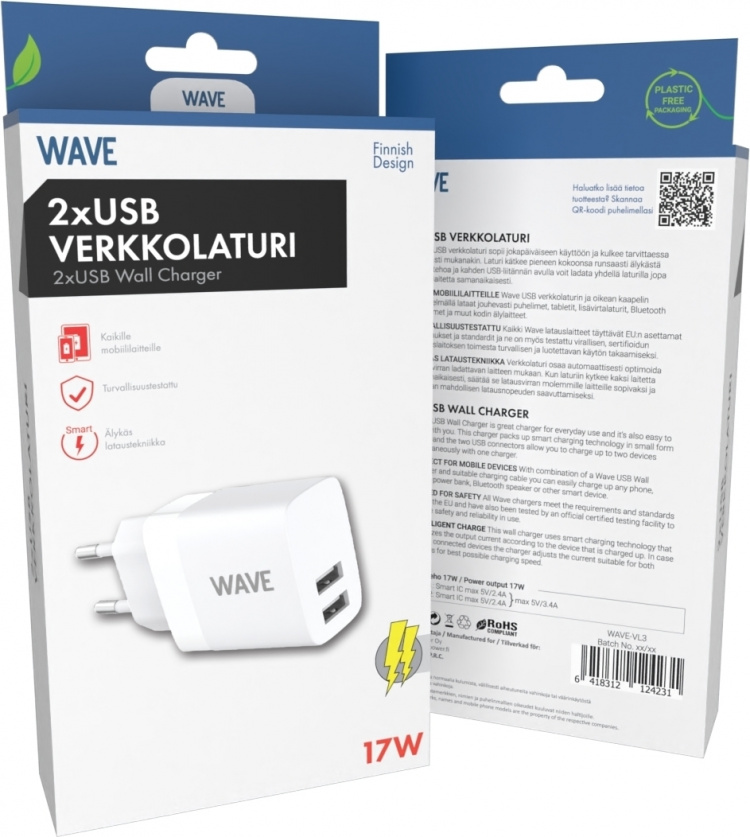Wave verkkolaturi 2 x USB, 17W, valkoinen Wave verkkolaturi 2 x USB, 17W, valkoinen