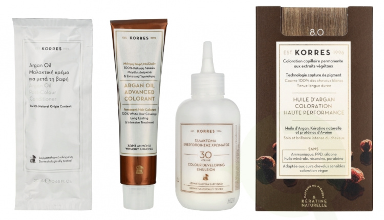 Korres Argan Oil Advanced Colorant 145 ml 8.0 Light Blonde - Colorant 50ml/Emulsion 75ml/Conditioner 20ml