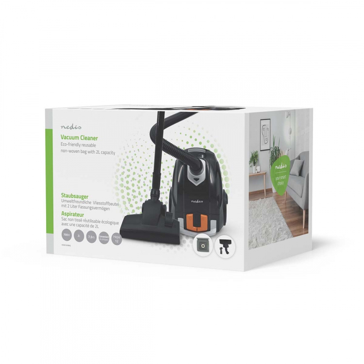 Nedis Pölynimuri | Pussillinen | 700 W | Pölykapasiteetti: 2.0 l | Yhdistelmäharja | Toimintasäde: 7.50 m | Hepa 12 | Musta / Oranssi