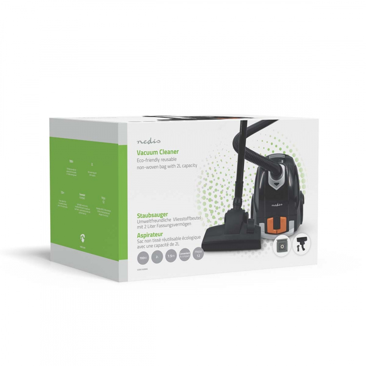 Nedis Pölynimuri | Pussillinen | 700 W | Pölykapasiteetti: 2.0 l | Yhdistelmäharja | Toimintasäde: 7.50 m | Hepa 12 | Musta / Oranssi