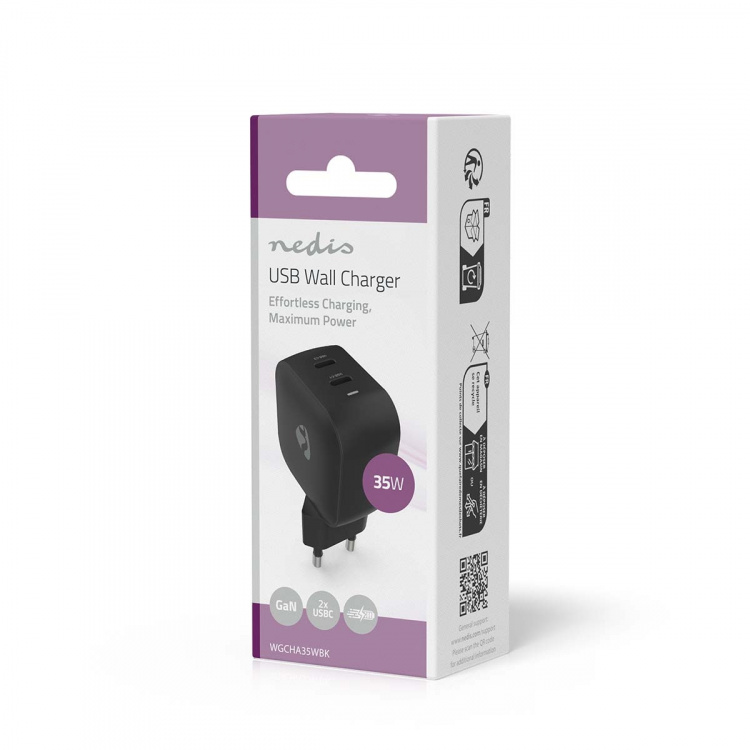 Nedis Seinälaturi | 35 W | GaN | PD3.0 | Pikalataus-toiminto | 1.75 / 2.33 / 2.92 / 3.0 A | Lähtöliitäntöjen määrä: 2 | 2x USB-C™ | Automaattinen Jännitteen Valinta | Musta Nedis Seinälaturi | 35 W | GaN | PD3.0 | Pikalataus-toiminto | 1.75 / 2.33 / 2.92 / 3.0 A | Lähtöliitäntöjen määrä: 2 | 2x USB-C™ | Automaattinen Jännitteen Valinta | Musta