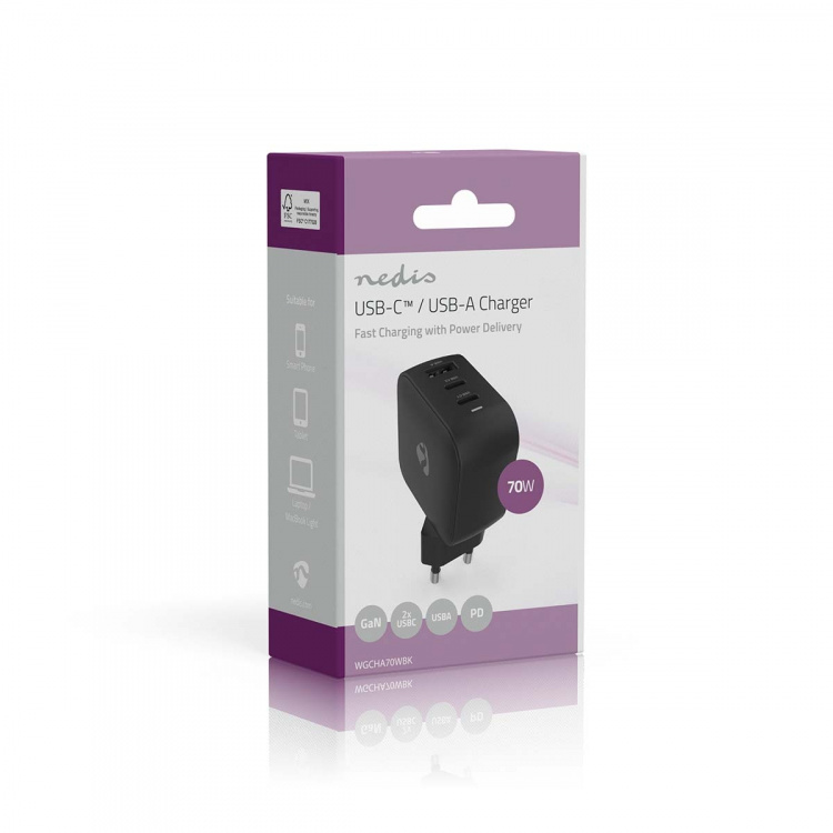 Nedis Seinälaturi | 70 W | GaN | PD3.0 | Pikalataus-toiminto | 1.5 / 2.25 A / 2.5 / 3.0 / 3.5 A | Lähtöliitäntöjen määrä: 3 | USB-A / 2x USB-C™ | Automaattinen Jännitteen Valinta | Musta