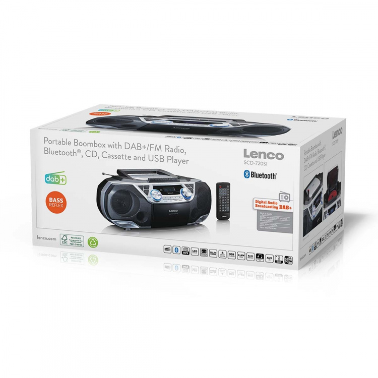 Lenco Kannettava Boombox, jossa on DAB+/FM-radio, Bluetooth®, CD, kasettinauhuri ja USB-soitin Hopea
