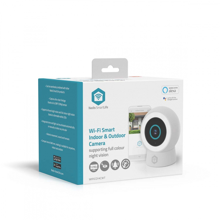 Nedis SmartLife Ulkokamera | Spotlight | 3MP Full HD 1296p | IP65 | MicroSD (ei sisälly) / Onvif / Pilvipalvelutallennus (valinnainen) | 5 V DC | Liiketunnistimella | Yökuvaus | Valkoinen Nedis SmartLife Ulkokamera | Spotlight | 3MP Full HD 1296p | IP65 | MicroSD (ei sisälly) / Onvif / Pilvipalvelutallennus (valinnainen) | 5 V DC | Liiketunnistimella | Yökuvaus | Valkoinen