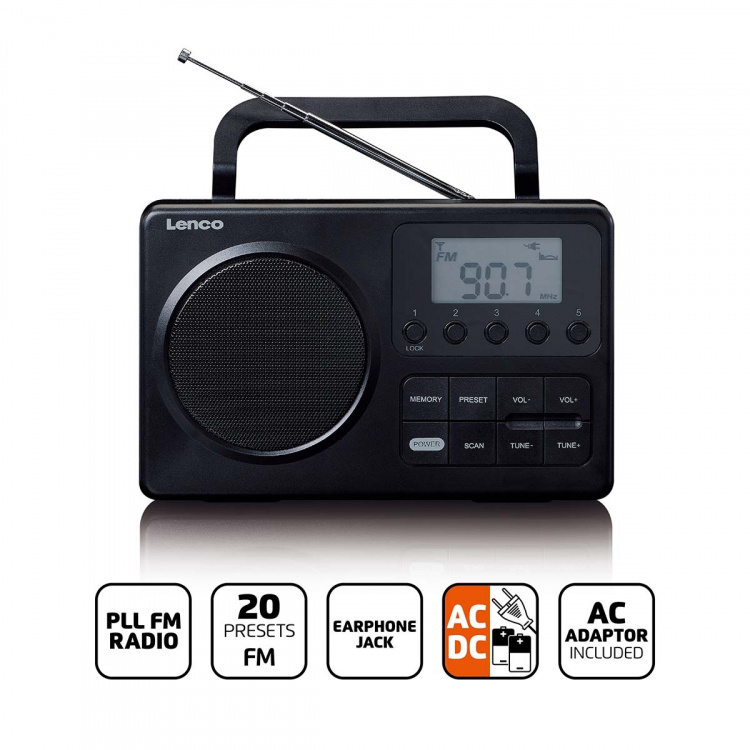 Lenco MPR-035BK Kompakti kannettava FM-radio LCD-näytöllä Musta