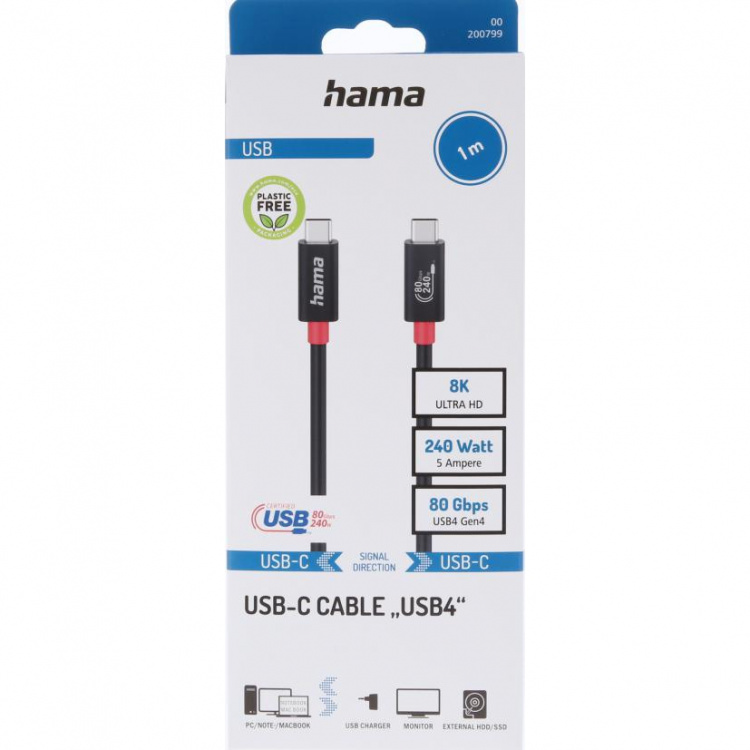 Hama Kaapeli USB-C USB 4.0 Gen4 80 Gbit/S 240W 1.0M Musta