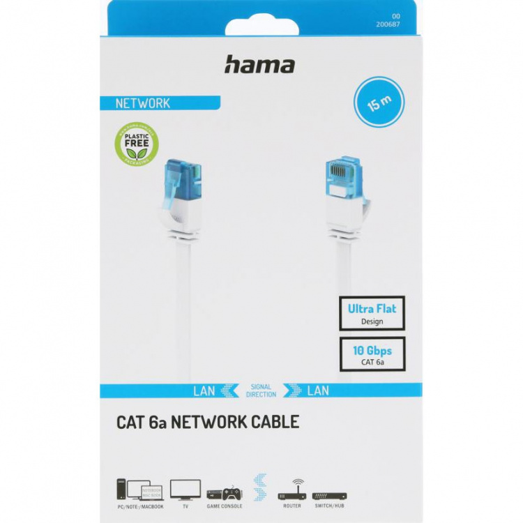 Hama Verkkokaapeli Cat6A 10Gbit/S U/Utp Litteä Valkoinen 15m